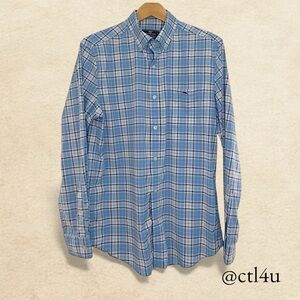 Vineyard Vines Blue Plaid Tech Shirt Men M Preppy Travel Golf Coastal Resortwear